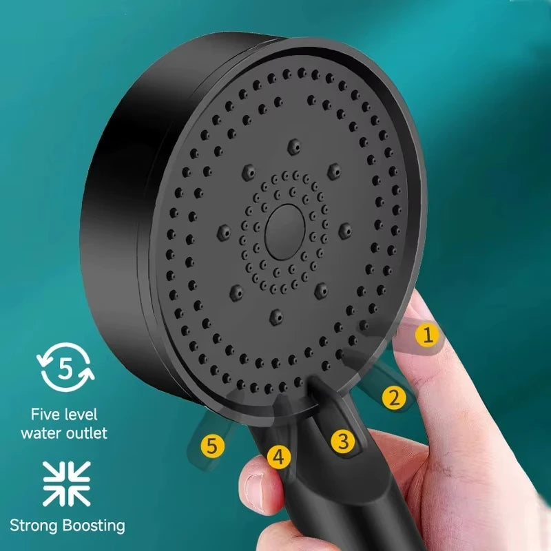 Black Booster Shower Head Adjustable High Pressure Water Massage Shower Head Home Handheld Sprayer Bathroom Supplies 5 Modes