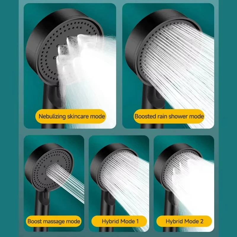 Black Booster Shower Head Adjustable High Pressure Water Massage Shower Head Home Handheld Sprayer Bathroom Supplies 5 Modes