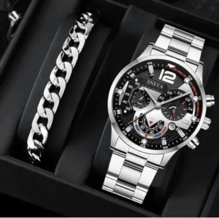 2pcs Men's Steel Quartz Watch & Bracelet Set