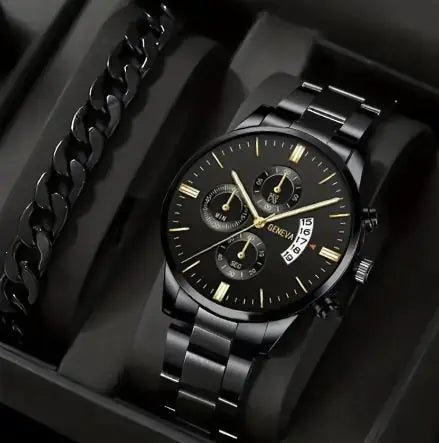 2pcs Men's Steel Quartz Watch & Bracelet Set