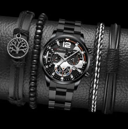 2pcs Men's Steel Quartz Watch & Bracelet Set