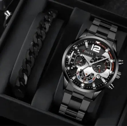 2pcs Men's Steel Quartz Watch & Bracelet Set