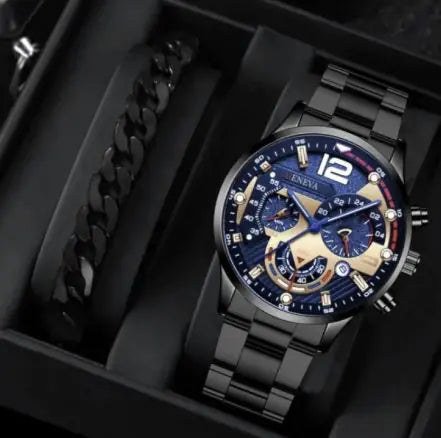 2pcs Men's Steel Quartz Watch & Bracelet Set