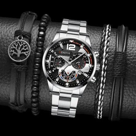 2pcs Men's Steel Quartz Watch & Bracelet Set