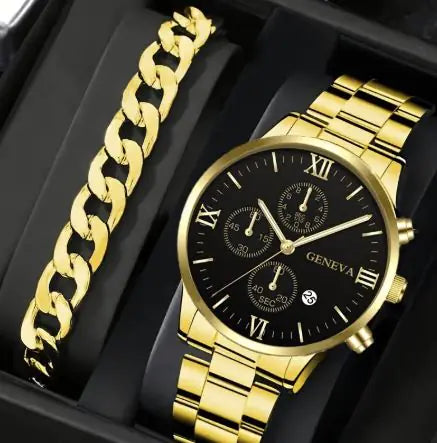 2pcs Men's Steel Quartz Watch & Bracelet Set