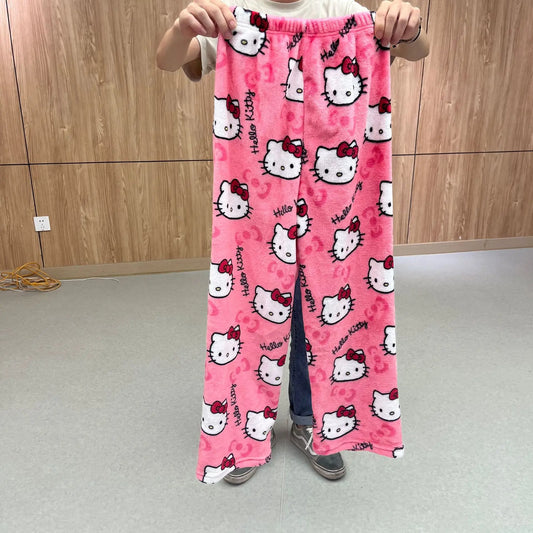 Sanrio Hello Kitty Pajamas Black Anime Flannel Women Warm Woolen Whitecartoon Casual Home Pants Autumn Fashion Trousers Gifts