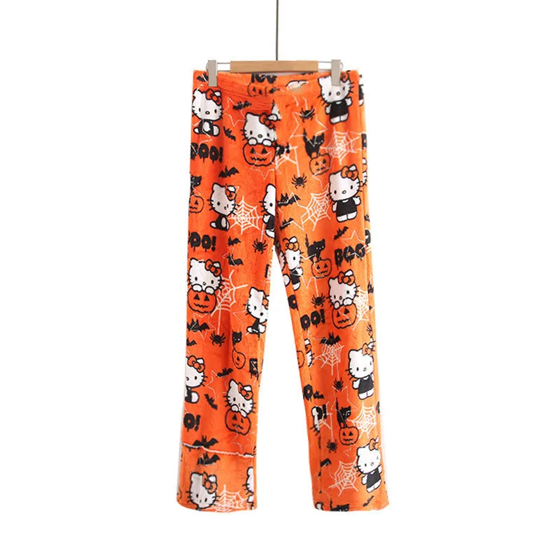 2024 Sanrio Hello Kitty Pajamas Halloween Flannel Fashion Trouserswomen Kawaii Woolen Anime Cartoon Casual Home Pants Autumn