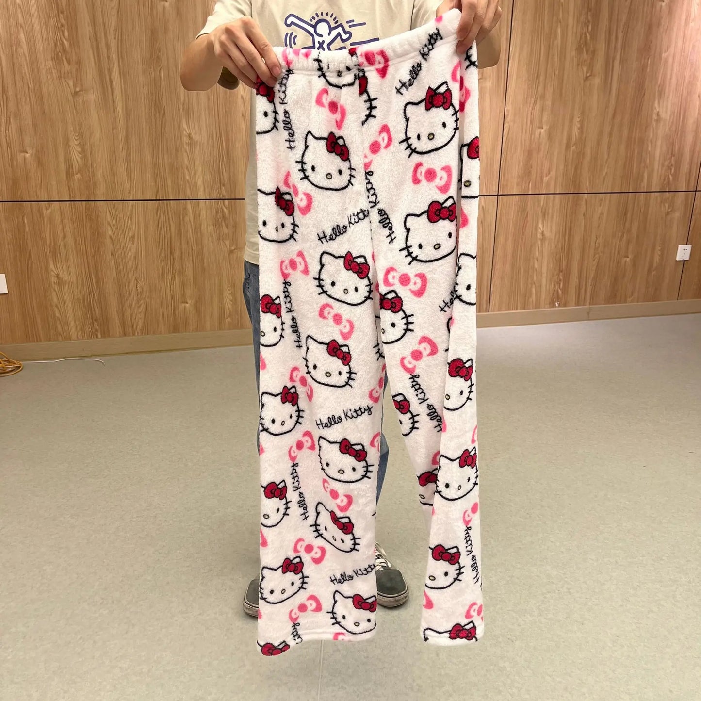 Sanrio Hello Kitty Pajamas Black Anime Flannel Women Warm Woolen Whitecartoon Casual Home Pants Autumn Fashion Trousers Gifts